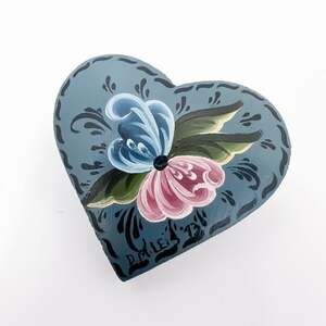 Hand-Painted Wooden Heart Brooch Pin Scandinavian Painted Folk Art jewelry
